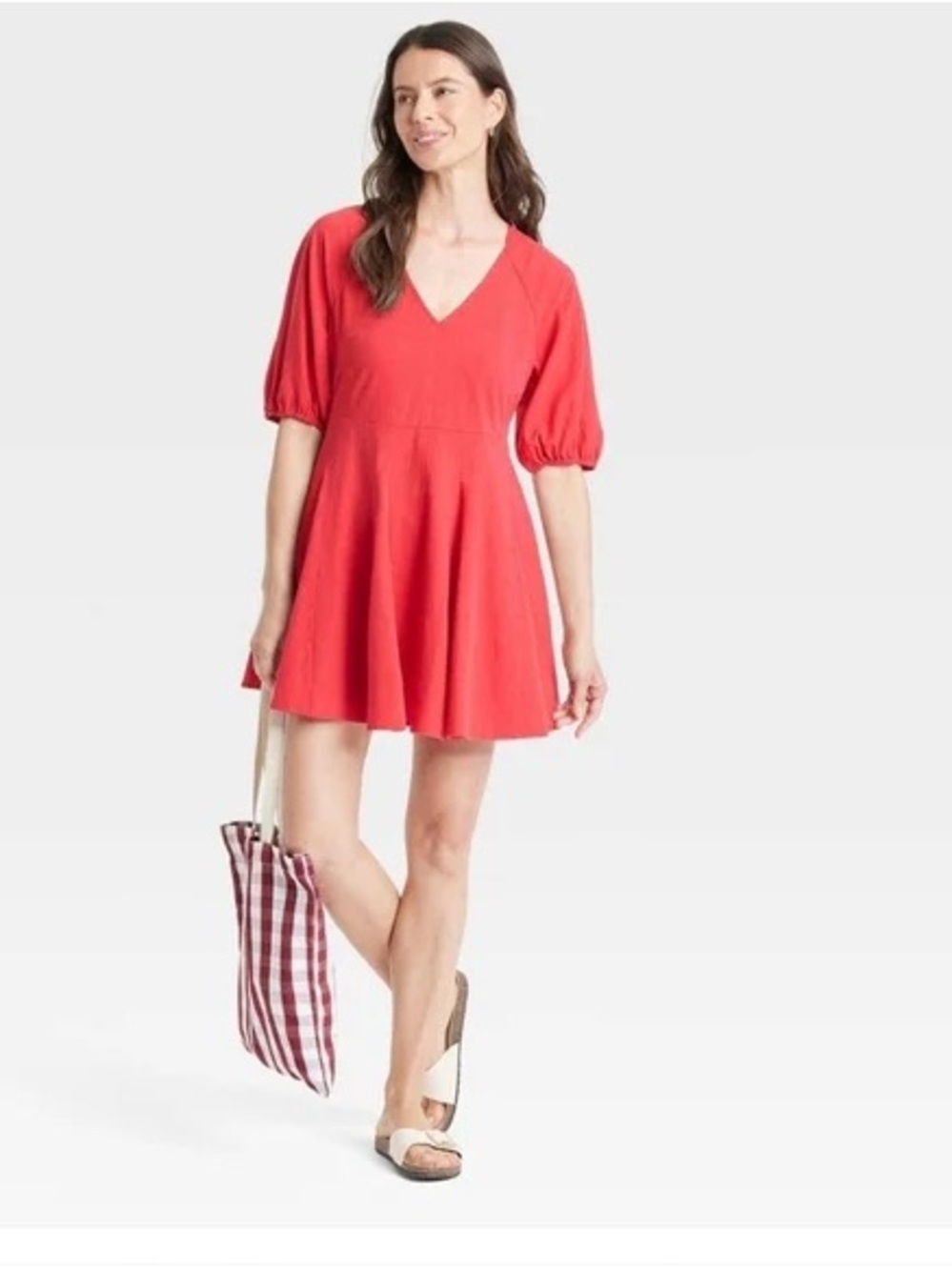 Universal Thread Red V-Neck Puff Sleeve Mini Dress